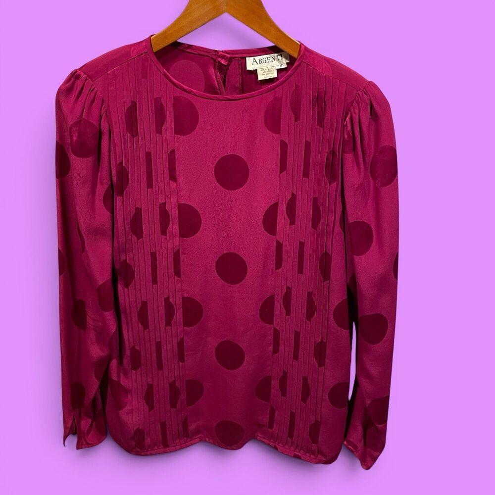 Cute vintage 80s luxury raspberry silk pleated polka dot blouse Argenti